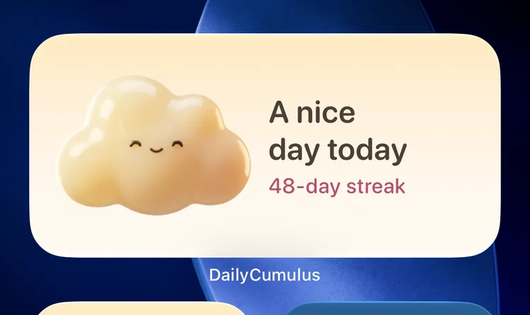 The DailyCumulus widget on an iPhone Home Screen, showing Mongle, today's mood, and a 48-day streak